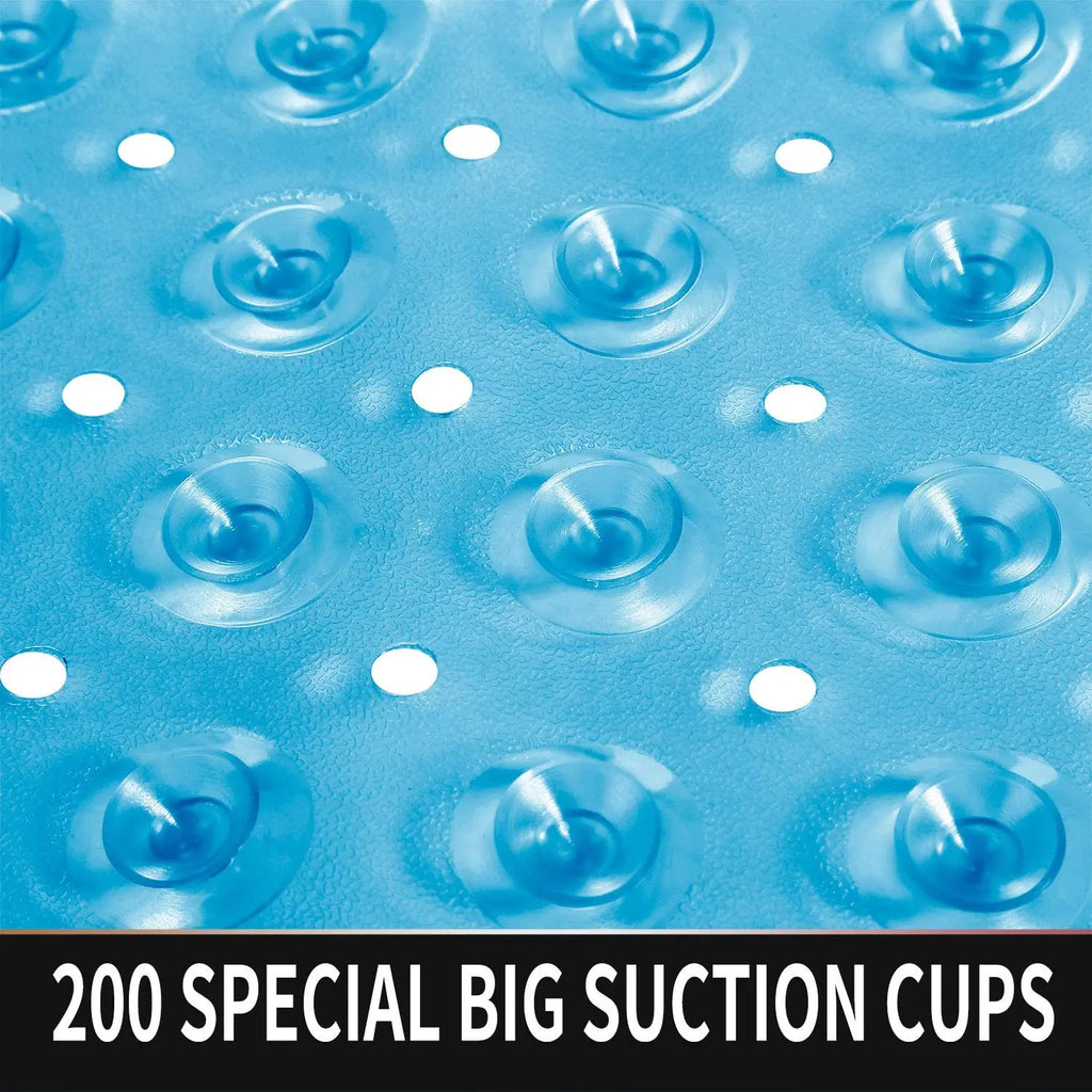Transparent blue bath mat close-up showing suction cups and water drainage holes