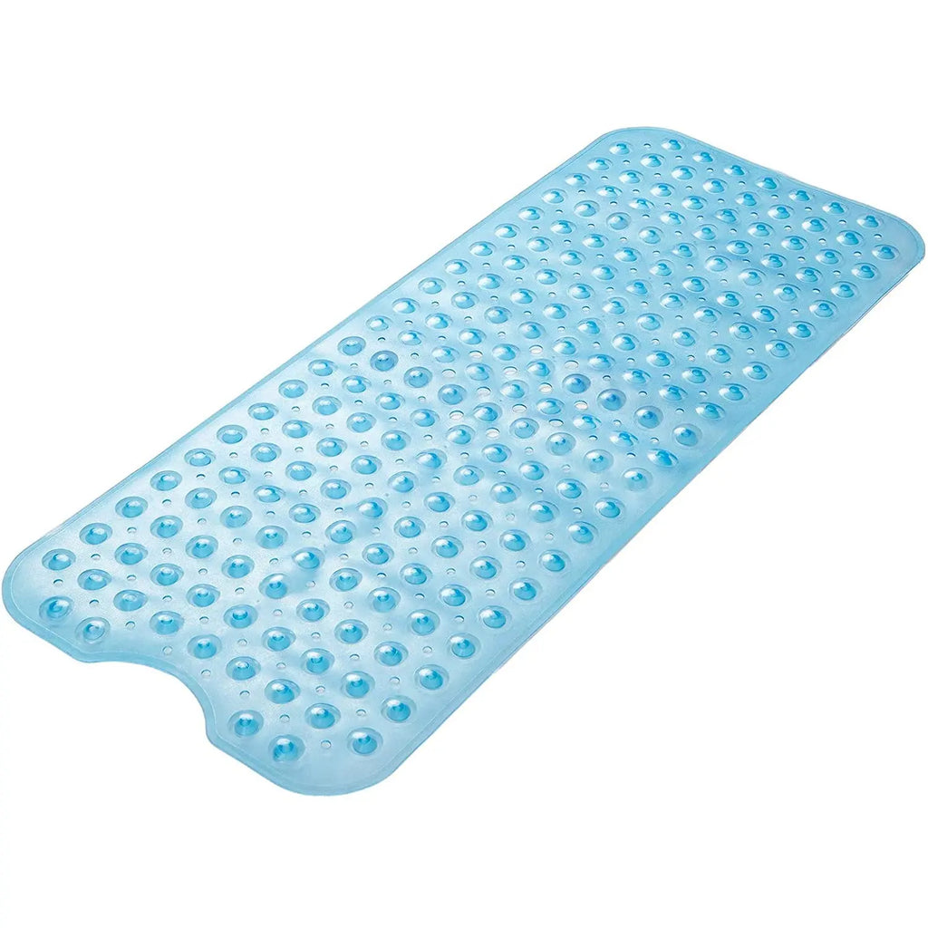 Transparent blue non-slip bath mat with cushioned pebble texture for shower and bathtub