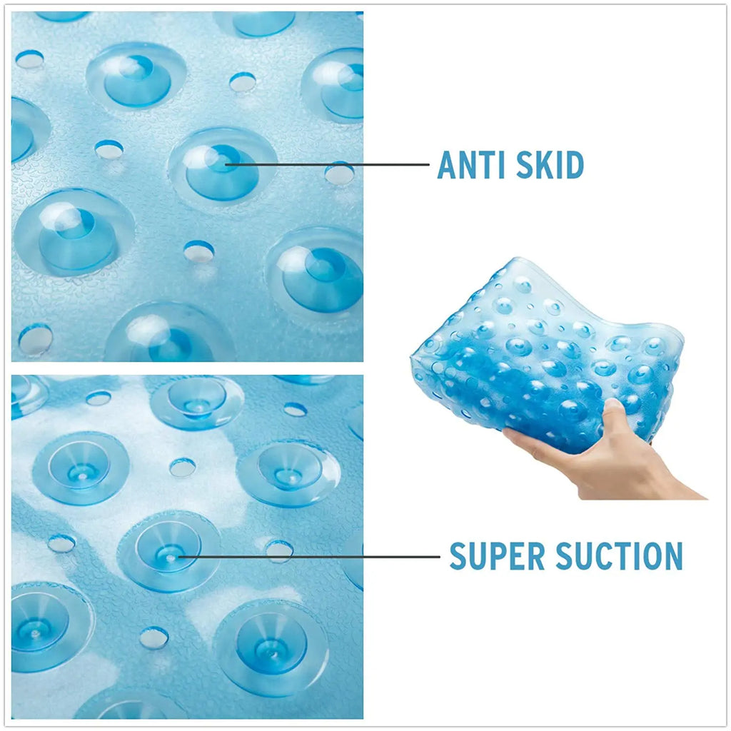 Transparent blue anti-slip bathroom mat with suction cups for wet shower floors