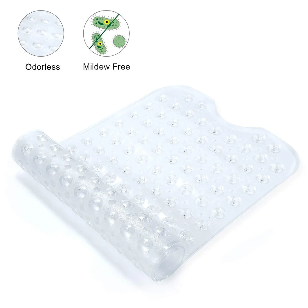 Clear anti-slip shower bath mat with soft pebble texture and suction cup base