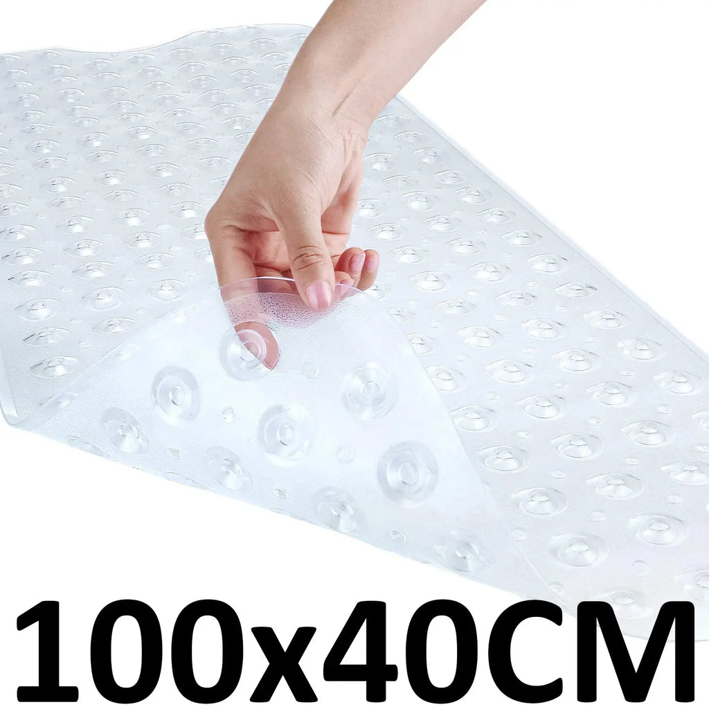 Transparent non-slip bath mat with soft cushioned pebble surface for shower areas