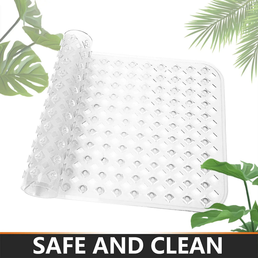 LifeKrafts clear non-slip bath mat with drainage openings and flexible transparent design