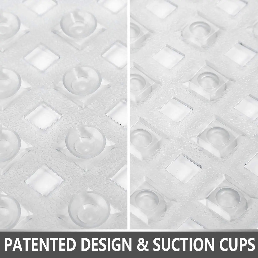Transparent bath mat underside close-up showing suction cups and drainage openings
