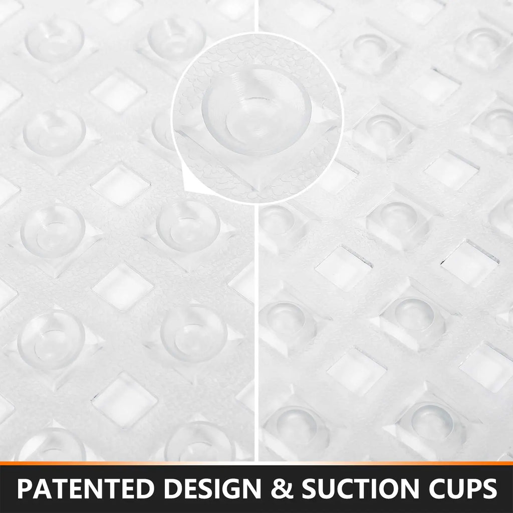 Close-up of suction cup grip on transparent non-slip bath mat for wet bathroom floors