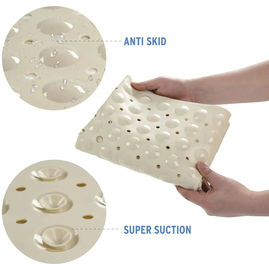 Cream Soft Bubble anti-slip bath mat showing textured surface and suction cups underneath