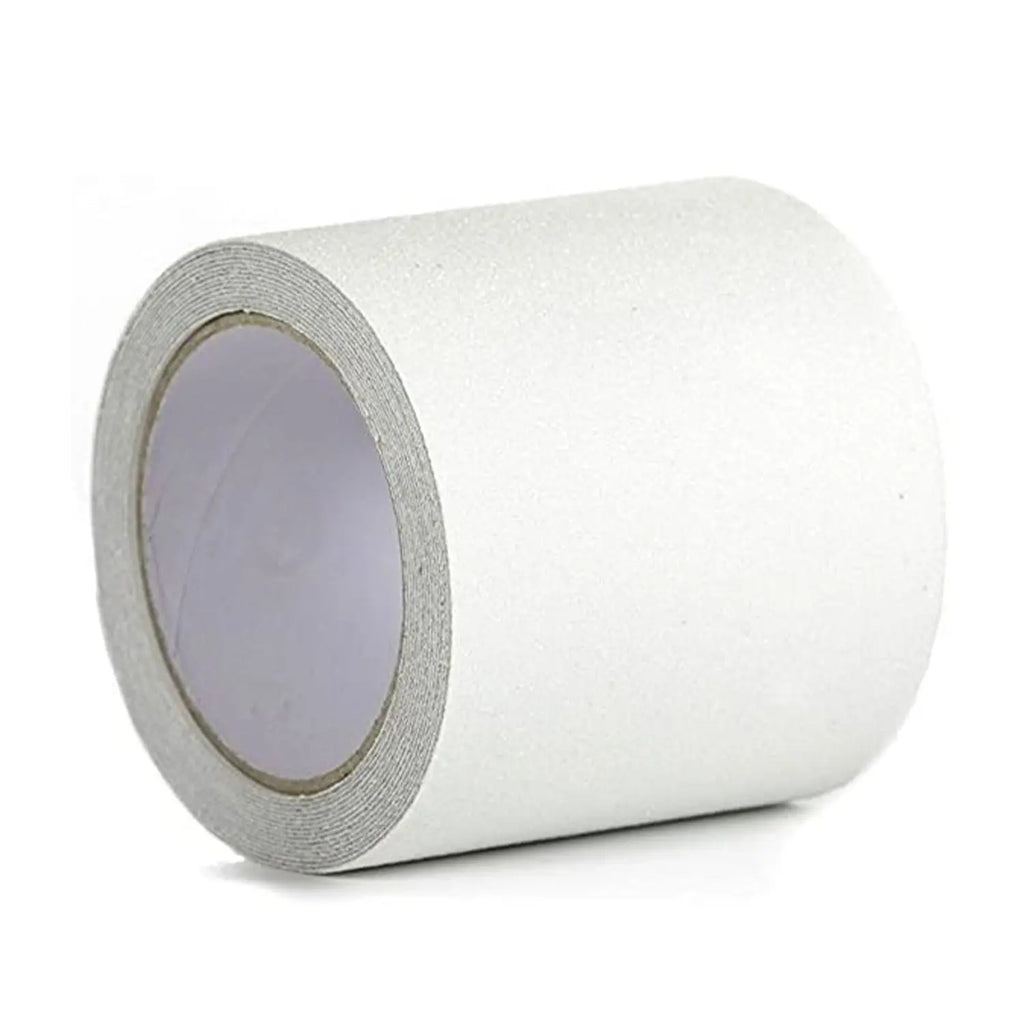 Roll of white anti-skid safety tape with abrasive traction surface