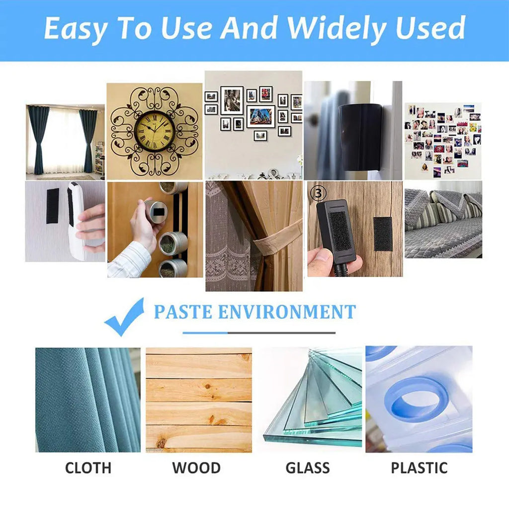 Self-adhesive hook and loop tape for fastening on suitable cloth wood glass and plastic surfaces