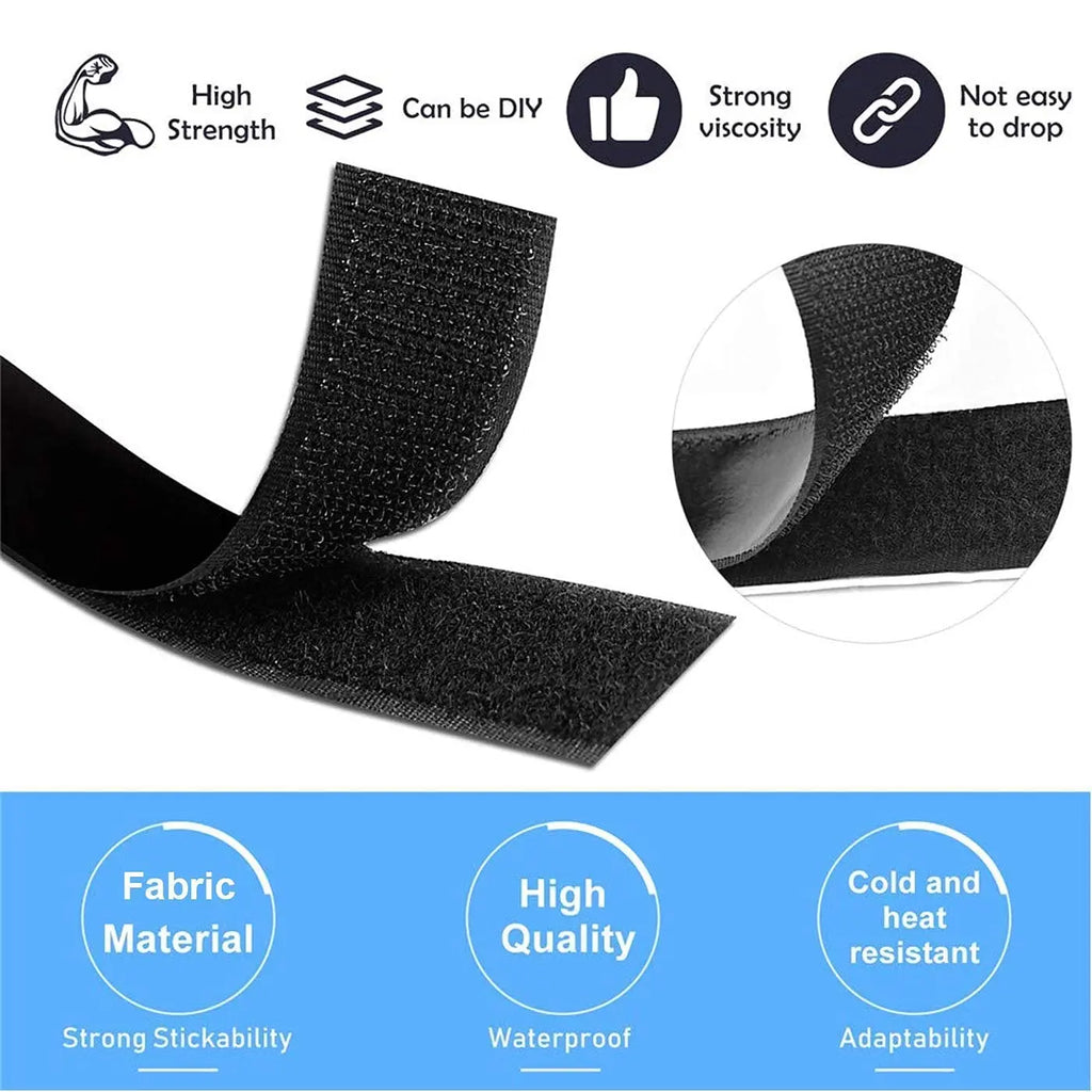 Black self-adhesive hook and loop tape showing reusable fastening surfaces
