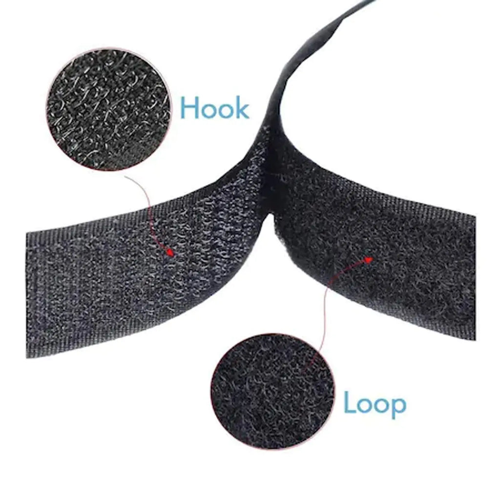 Black hook and loop tape close-up showing hook and loop fastening surfaces