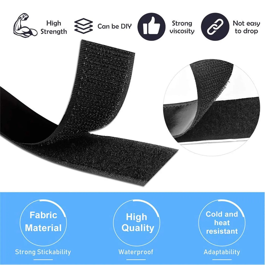 Black hook and loop fastening tape showing adhesive backing and reusable fastening surface