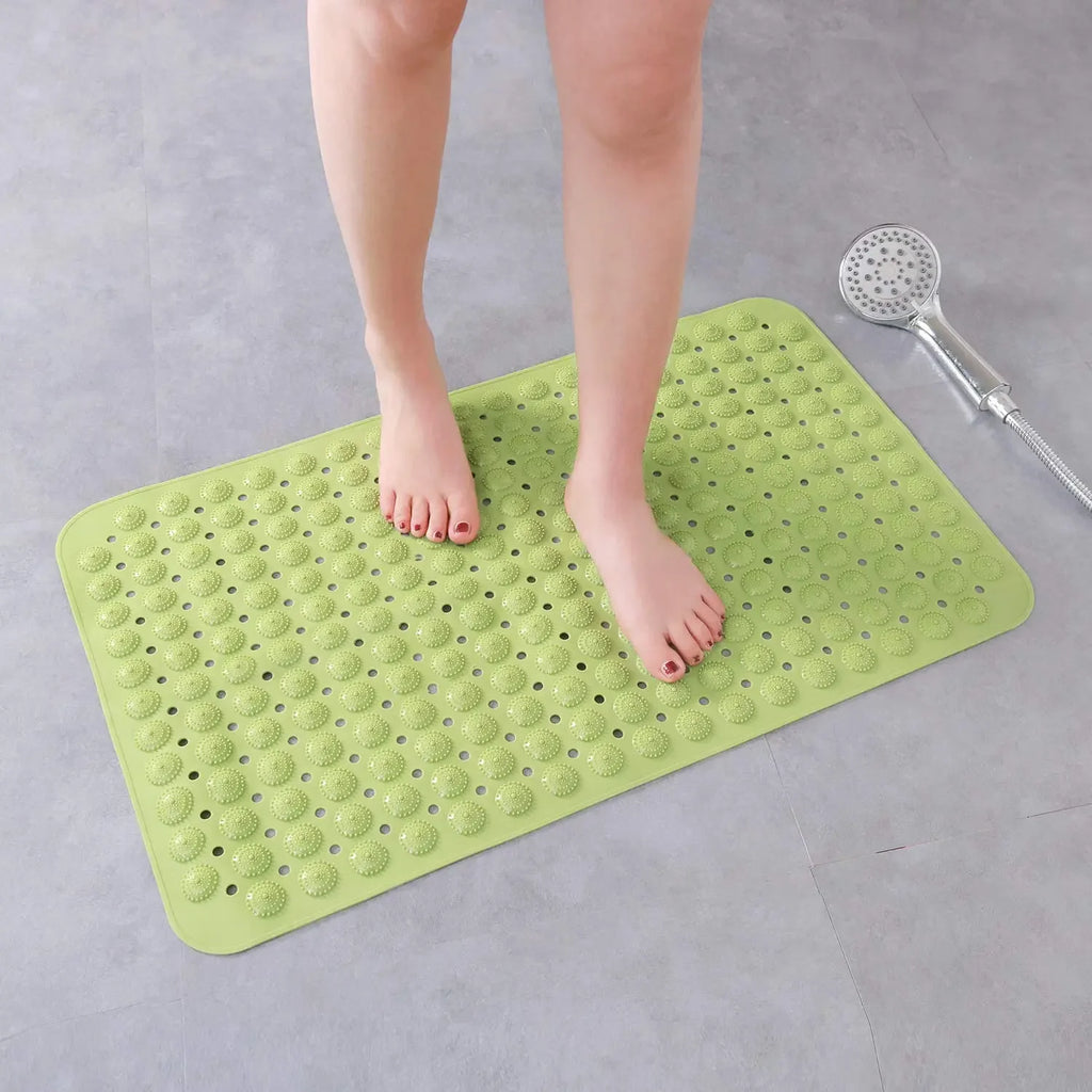 LifeKrafts green anti-slip shower bath mat with Accu-Pebble textured surface and drainage holes