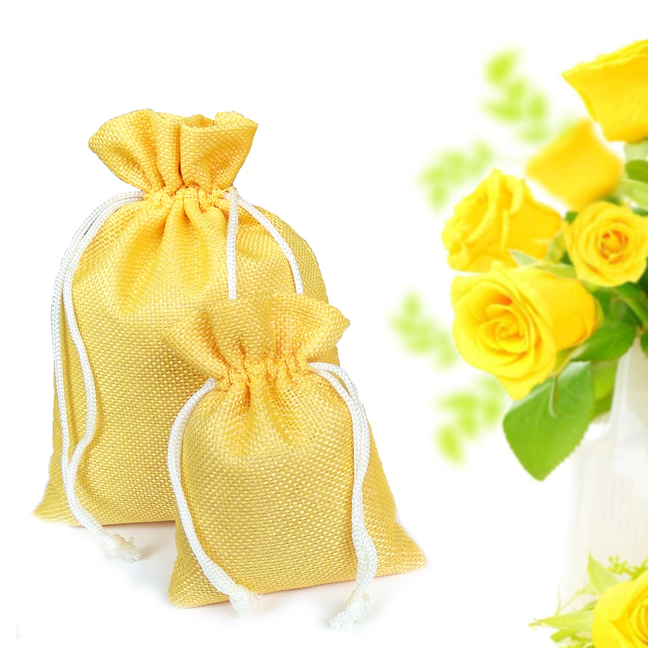 Jute Linen Pouches with White Drawstring, Birthday Favor Bags - Yellow LifeKrafts