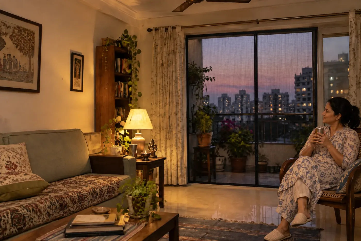 After: a woman relaxing with tea behind a magnetic mosquito net door