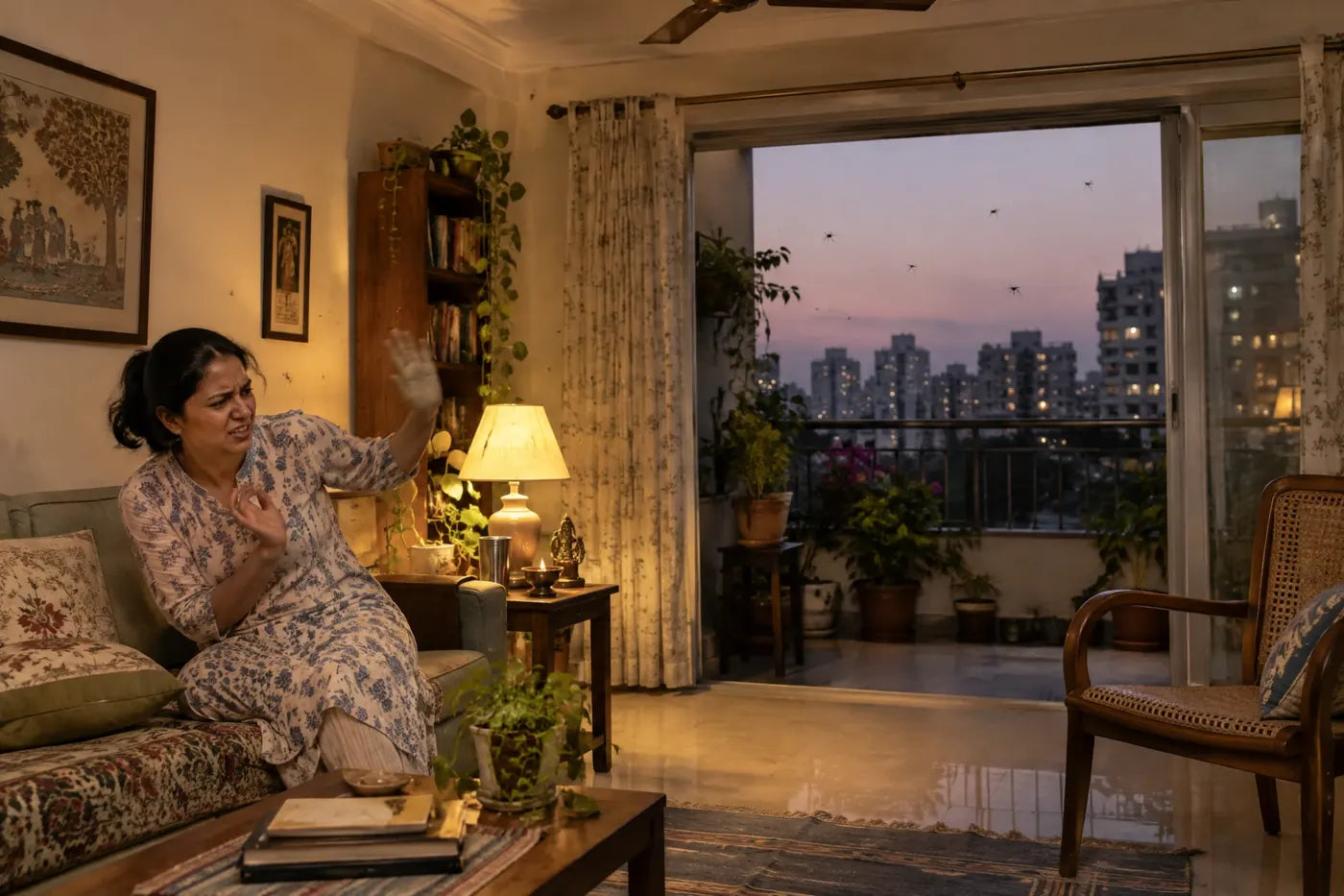 Before: a woman waving away mosquitoes coming in through an open balcony door