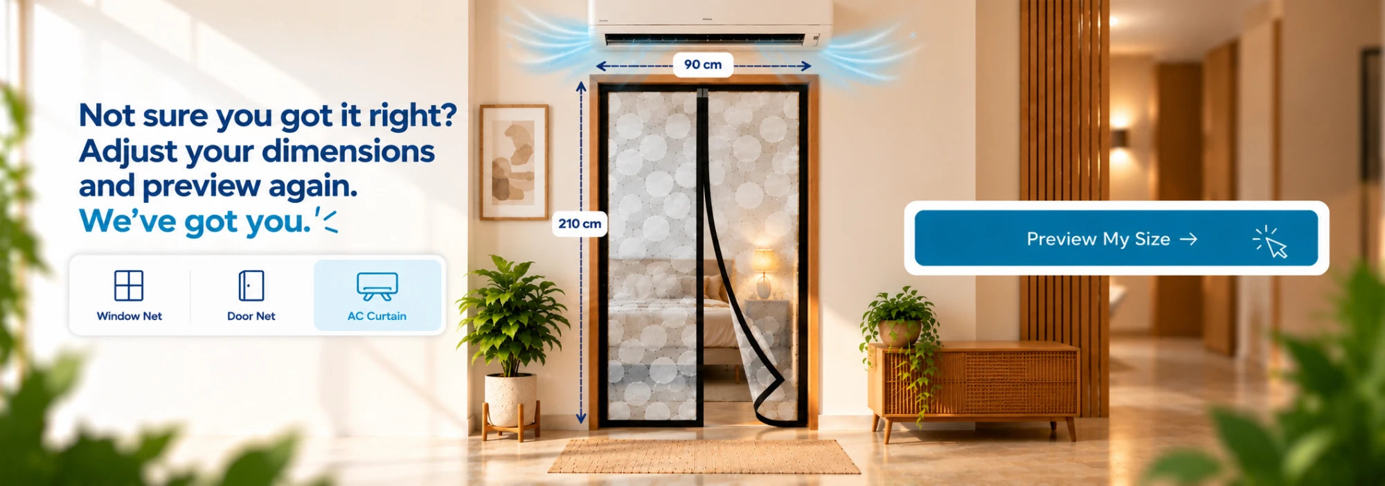 AC curtain size preview: enter width and height, pick a design, then preview your size