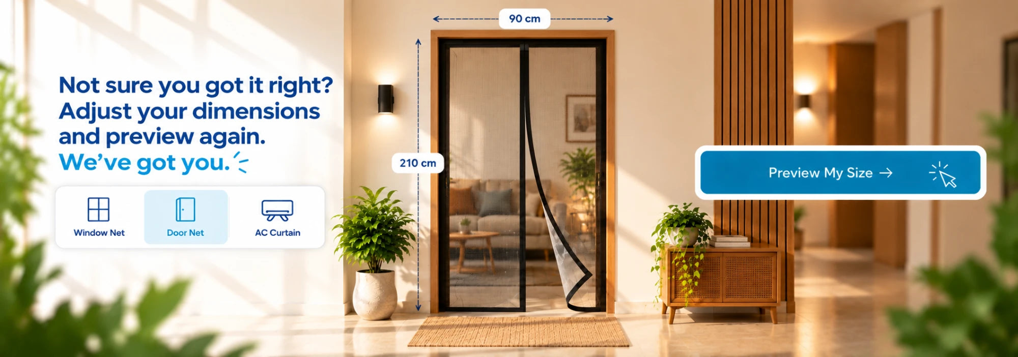 Door net size preview: enter width and height, pick a frame colour, then preview your size