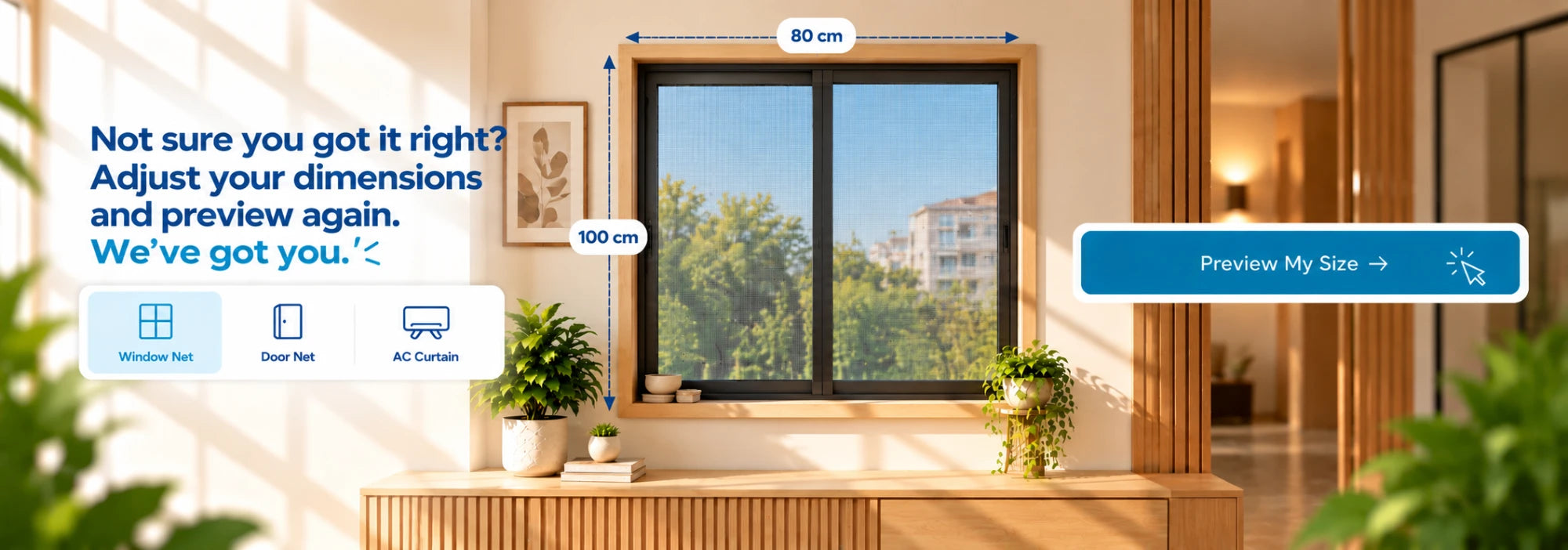 Window net size preview: enter width and height, pick a frame colour, then preview your size